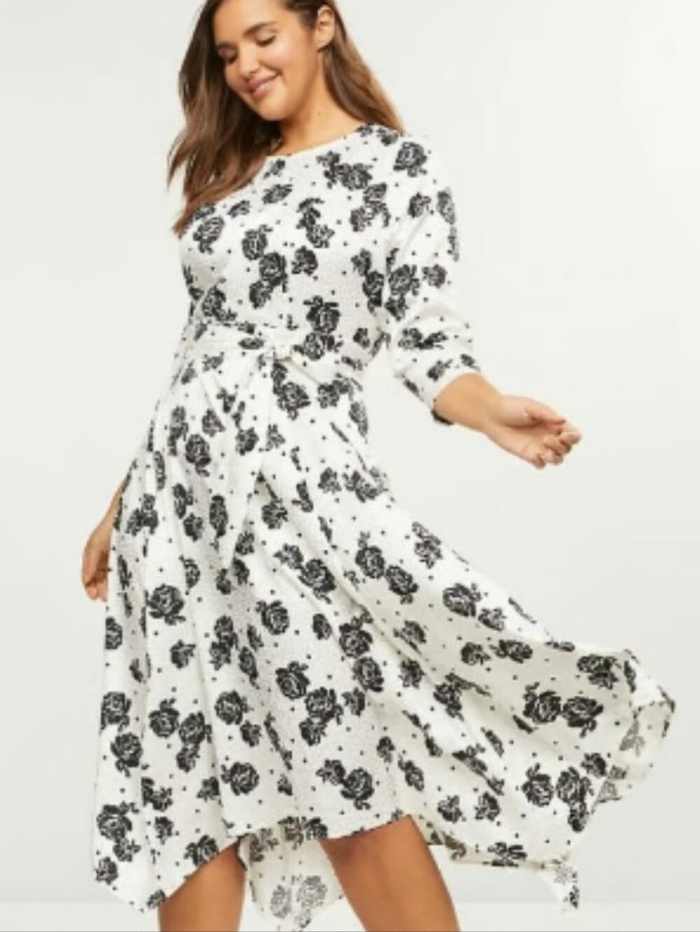 Lane Bryant White Satin Midi Dress with Black Rose Print 18 Like New